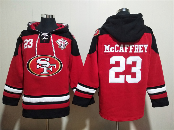 Men's San Francisco 49ers #23 Christian McCaffrey Red With 75th Anniverseray Patch Ageless Must-Have Lace-Up Pullover Hoodie